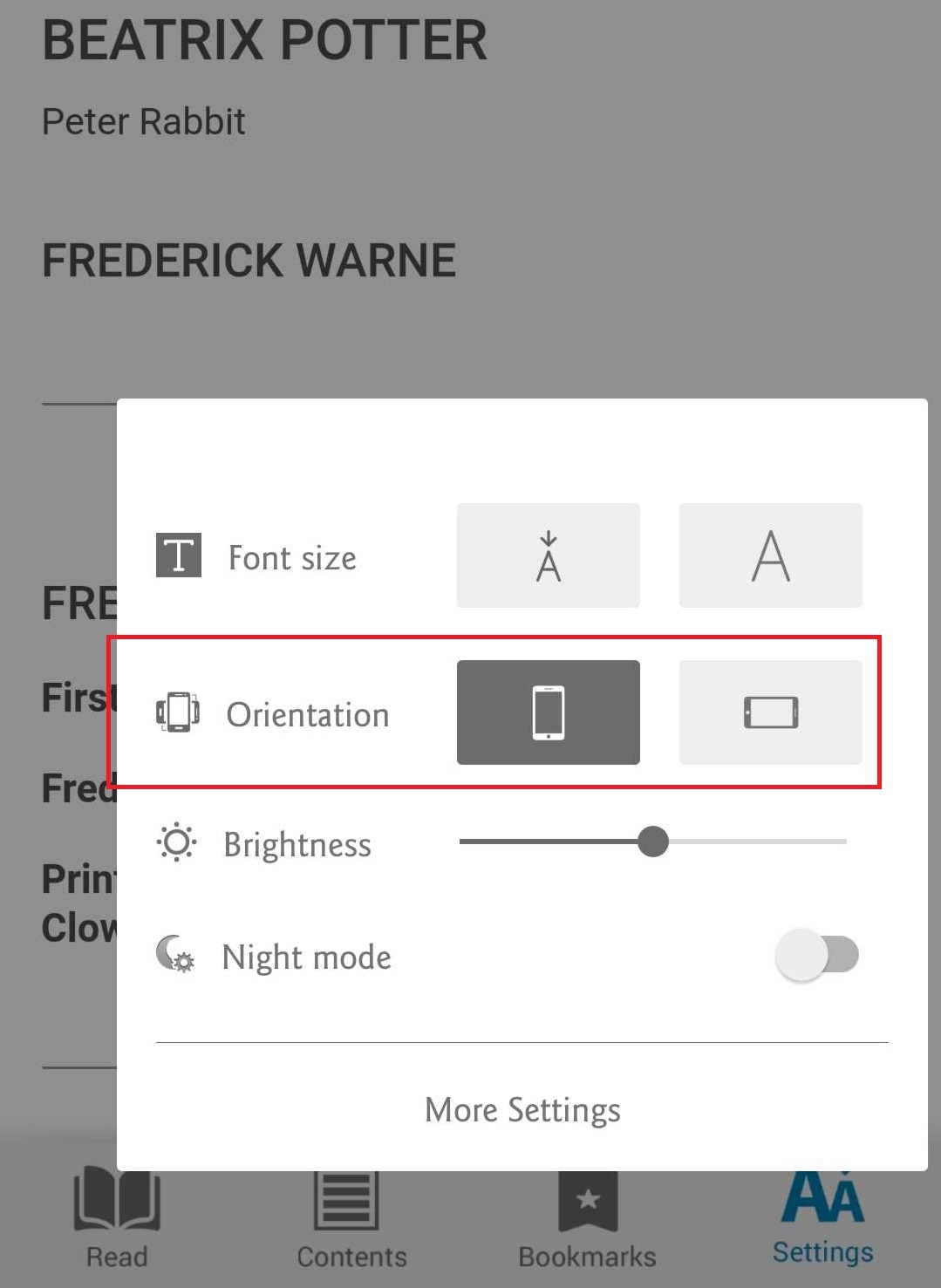 Landscape option in the eBook Orientation settings