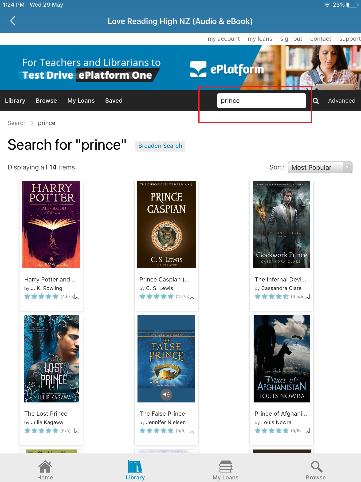 Searching for a title in ePlatform