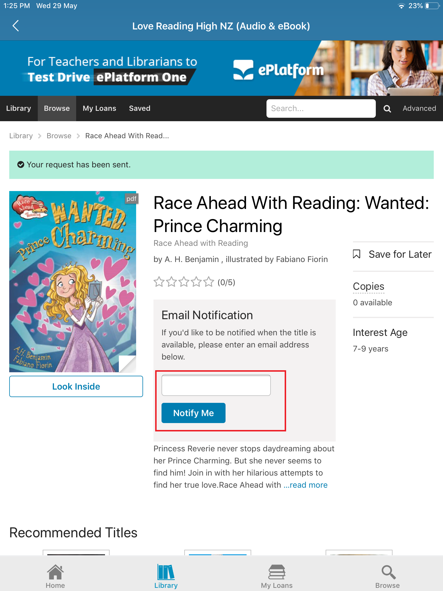 Entering an email address for a title request notification