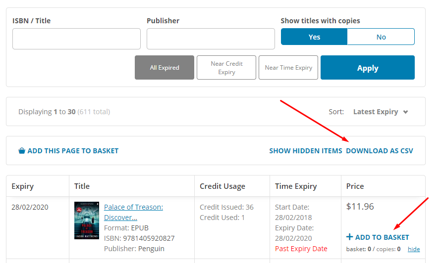 Expired title list with Add to basket and Download as CSV options